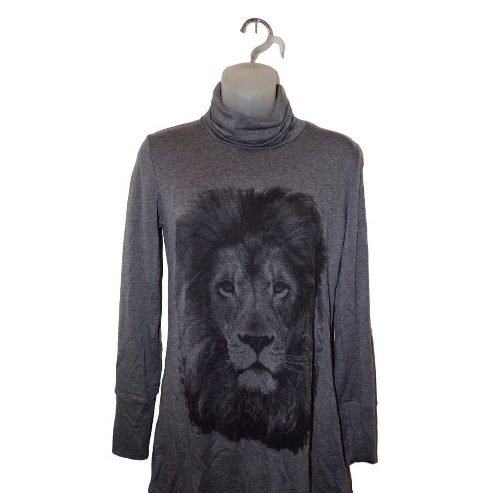 Go Couture LION Turtleneck High Low Hem Tunic Sweater‎ S Long Sleeve Dark Grey